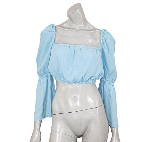 STAUD Women's Size 4 Bell Sleeve Cropped Top Square Neck in Blue Made in LA - Picture 1 of 9